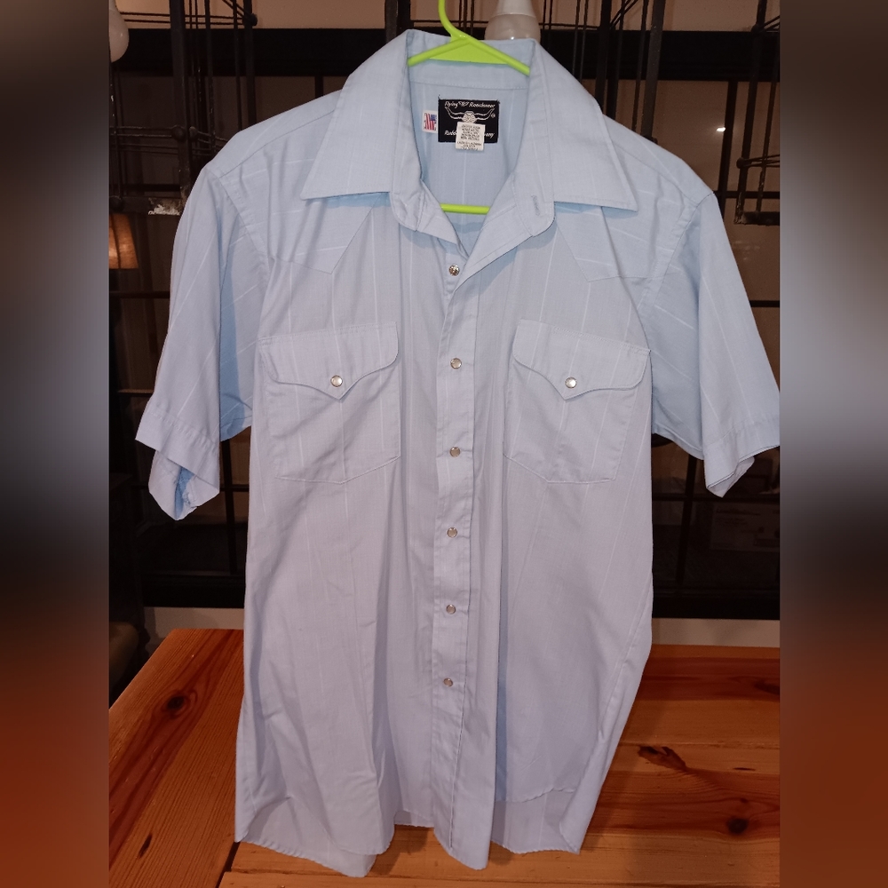 Vintage Flying R Ranchwear, Western short sleeve brush popper, 16, light blue
